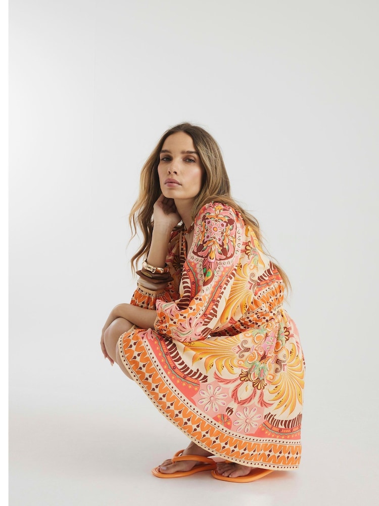 River Island Orange Scarf Print 100% Cotton Mini Dress - Image 2 of 4 River Island Orange Scarf Print 100% Cotton Mini Dress - Image 2 of 4