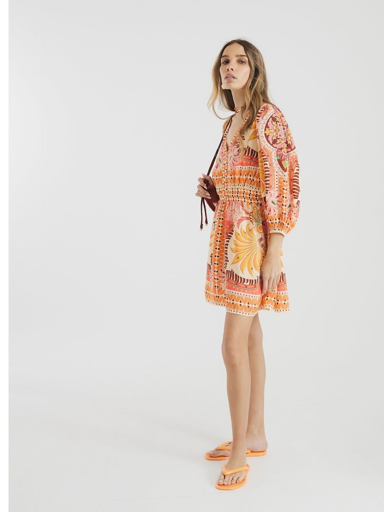 River Island Orange Scarf Print 100% Cotton Mini Dress - Image 3 of 4