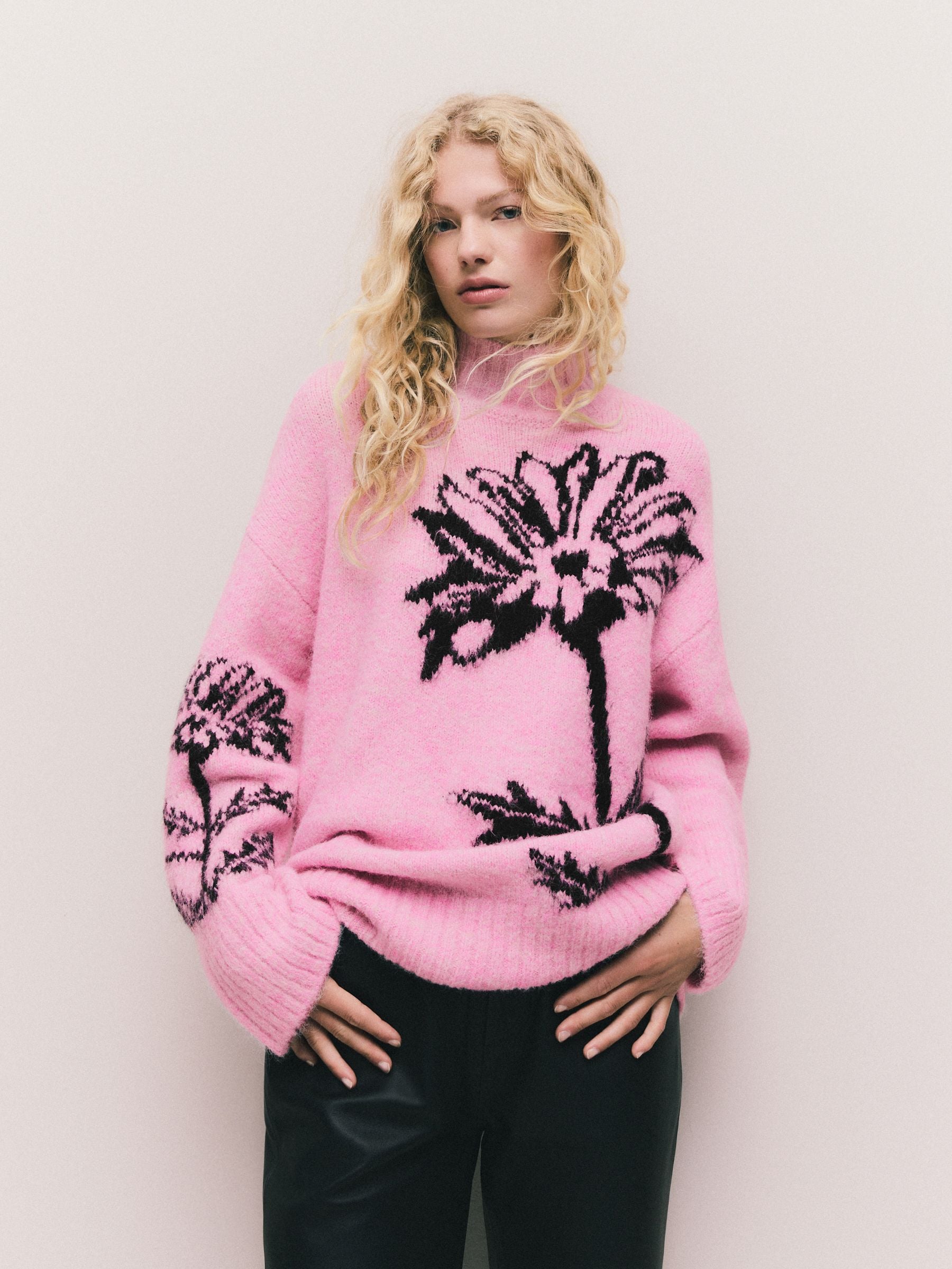 Buy Light Pink Floral Graphic Stand Neck Jumper With Wool from