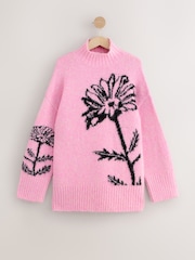 Light Pink Floral Graphic Print Stand Neck Jumper With Wool - Image 1 of 3