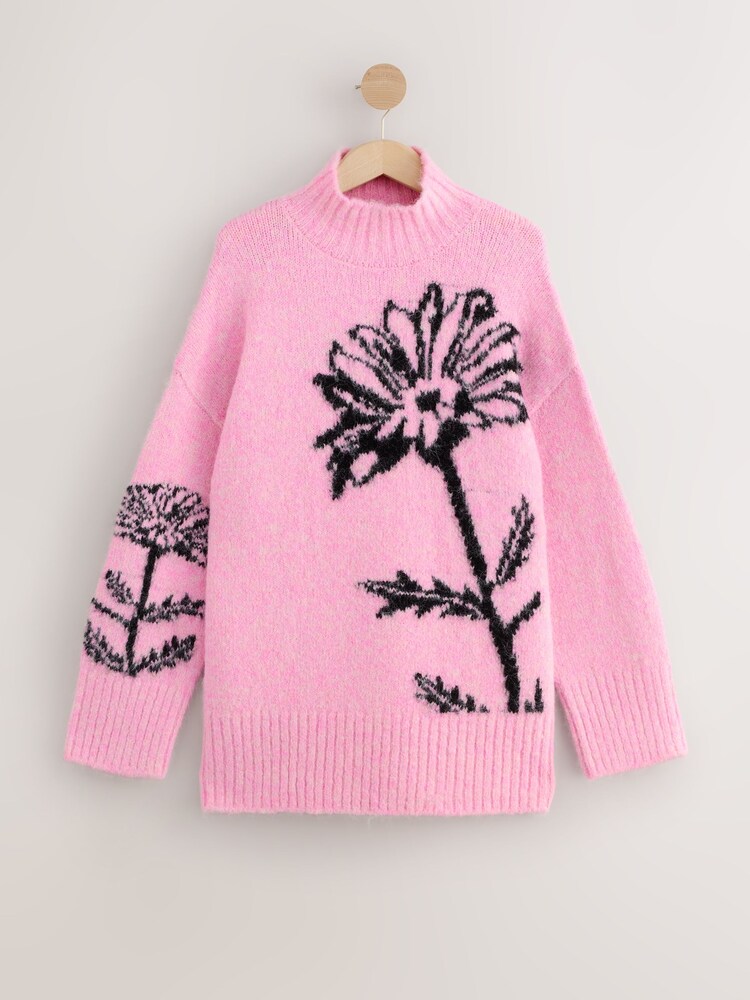 Light Pink Floral Graphic Print Stand Neck Jumper With Wool - Image 1 of 3