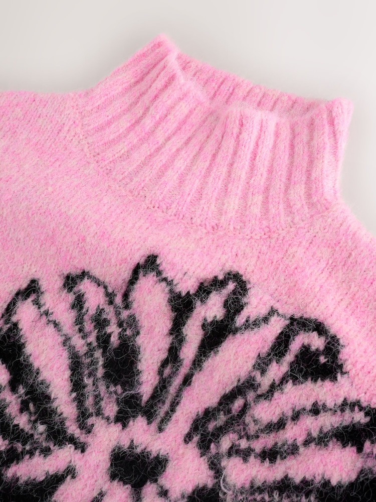 Light Pink Floral Graphic Print Stand Neck Jumper With Wool - Image 2 of 3
