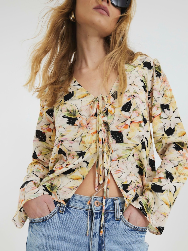 River Island Yellow Floral Print Tie Front Top - Image 1 of 6 River Island Yellow Floral Print Tie Front Top - Image 1 of 6