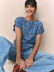 Blue Tile Print Flutter Sleeve Textured Smart Top - Image 1 of 8