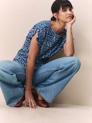 Blue Tile Print Flutter Sleeve Textured Smart Top - Image 2 of 8