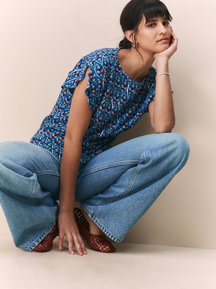 Blue Tile Print Flutter Sleeve Textured Smart Top - Image 2 of 8