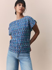 Blue Tile Print Flutter Sleeve Textured Smart Top - Image 3 of 8