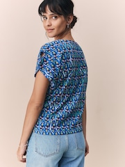 Blue Tile Print Flutter Sleeve Textured Smart Top - Image 4 of 8