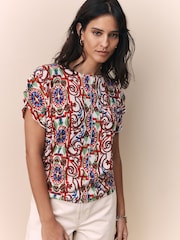 Multi Tile Print Flutter Sleeve Textured Smart Top - Image 2 of 8