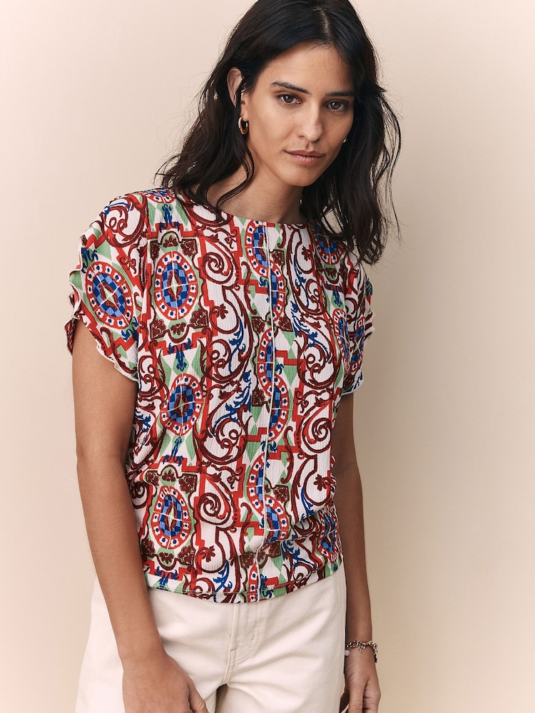 Multi Tile Print Flutter Sleeve Textured Smart Top - Image 2 of 8