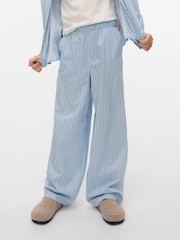 VERO MODA Blue Girls Striped Wide Leg Elasticated Waist 100% Cotton Woven Trousers - Image 1 of 5