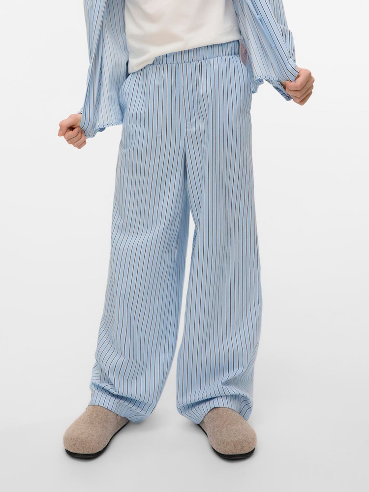 VERO MODA Blue Girls Striped Wide Leg Elasticated Waist 100% Cotton Woven Trousers - Image 1 of 5