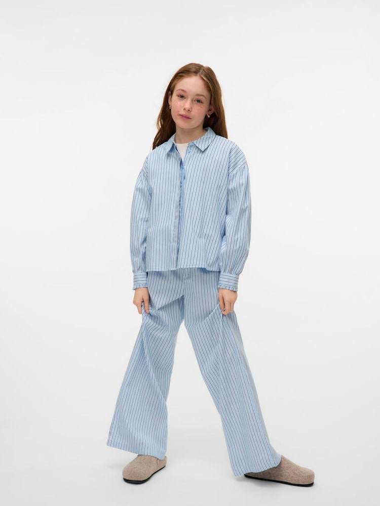 VERO MODA Blue Girls Striped Wide Leg Elasticated Waist 100% Cotton Woven Trousers - Image 2 of 5
