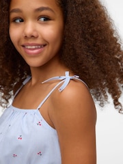 VERO MODA Blue Girls Cherry Print 100% Cotton Strappy Tie Detail Printed Woven Mini Dress - Image 2 of 4