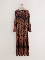Chocolate Brown Animal Print Jersey A-line Long Sleeve Maxi Dress - Image 1 of 3