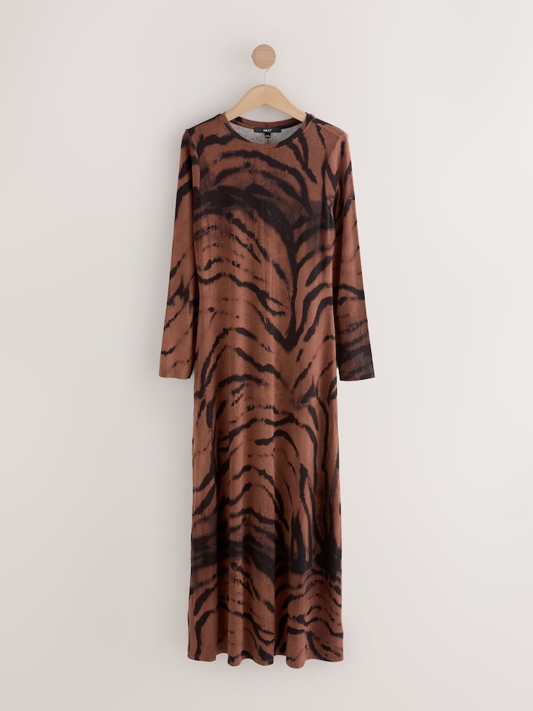 Chocolate Brown Animal Print Jersey A-line Long Sleeve Maxi Dress - Image 1 of 3