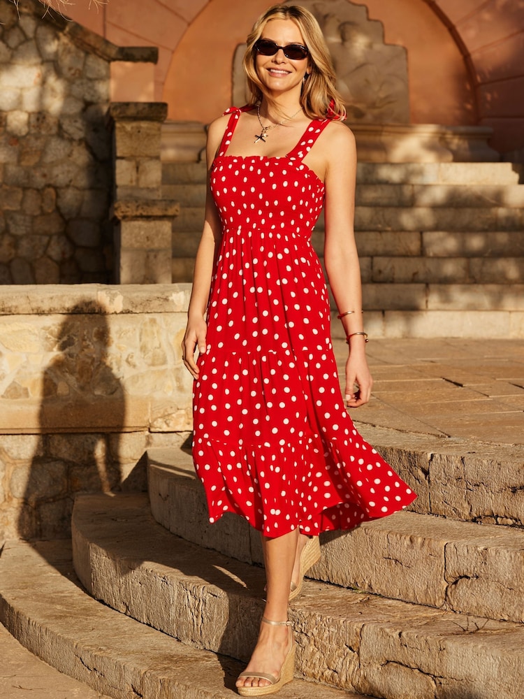 Sosandar Red Spot Print Tie Shoulder Midi Dress - Image 1 of 4