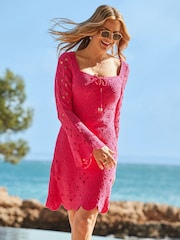 Sosandar Pink 100% Cotton Crochet Tie Detail Dress - Image 1 of 5