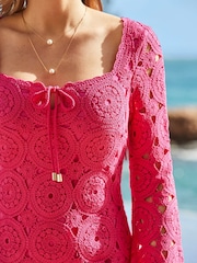 Sosandar Pink 100% Cotton Crochet Tie Detail Dress - Image 3 of 5