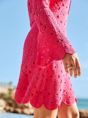 Sosandar Pink 100% Cotton Crochet Tie Detail Dress - Image 4 of 5