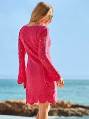 Sosandar Pink 100% Cotton Crochet Tie Detail Dress - Image 5 of 5