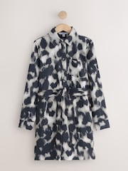 Grey Leopard Print Long Sleeve Mini Tie Waist Shirt Dress - Image 1 of 3