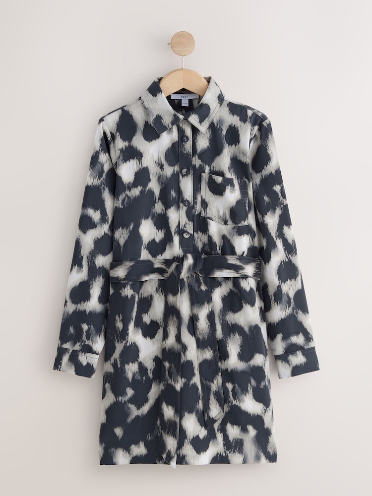 Grey Leopard Print Long Sleeve Mini Tie Waist Shirt Dress - Image 1 of 3