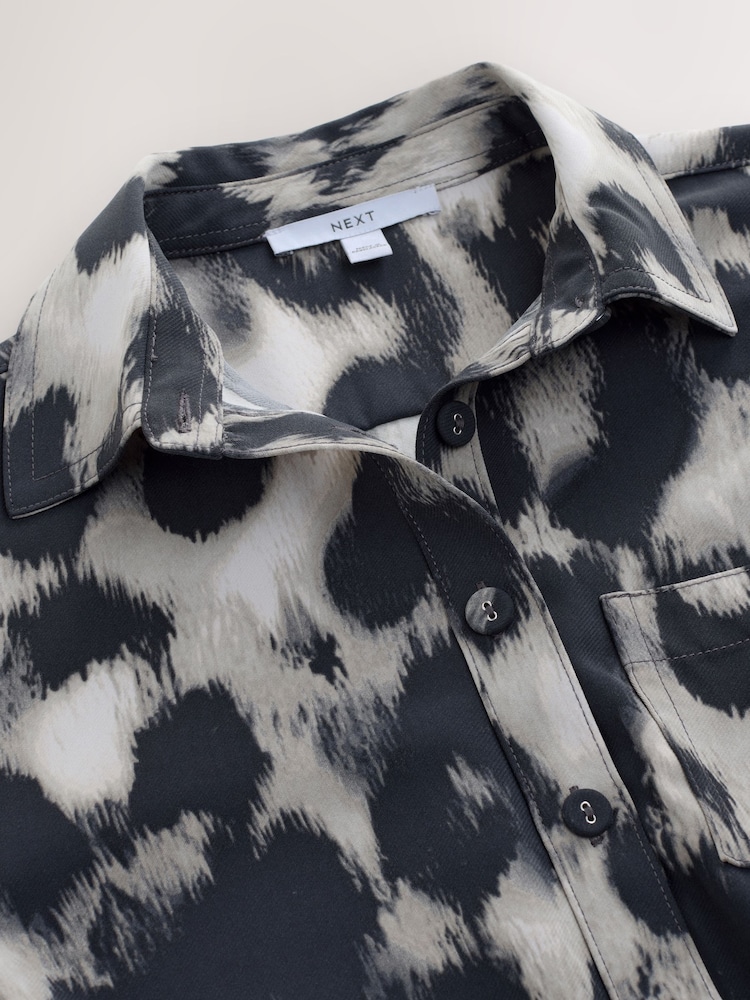 Grey Leopard Print Long Sleeve Mini Tie Waist Shirt Dress - Image 2 of 3