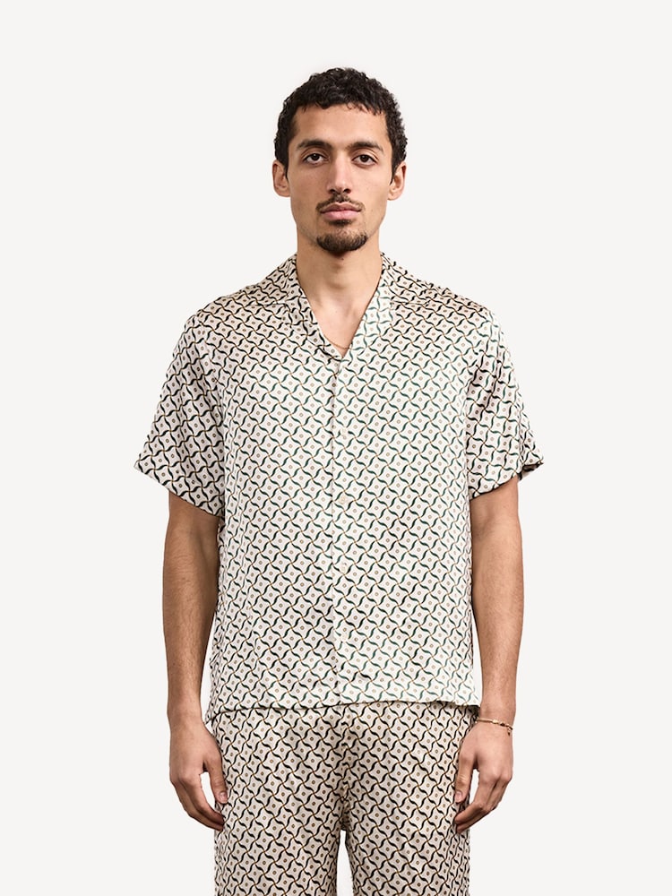 Frescobol Carioca Natural Roberto Silk Short Sleeve Shirt Lotus Print - Image 1 of 1