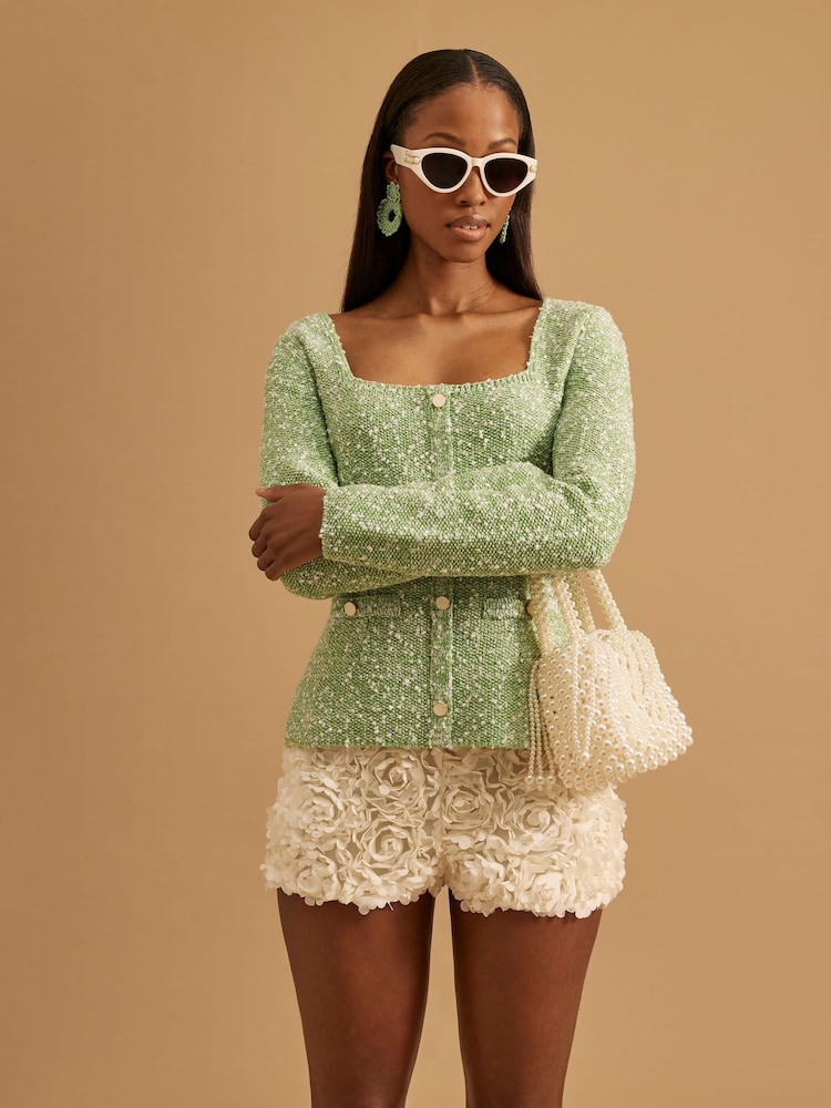 River Island Green Boucle Square Neck Long Sleeve Top - Image 1 of 4 River Island Green Boucle Square Neck Long Sleeve Top - Image 1 of 4