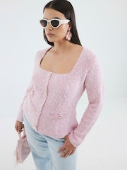River Island Pink Boucle Square Neck Long Sleeve Top - Image 1 of 5
