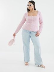 River Island Pink Boucle Square Neck Long Sleeve Top - Image 3 of 5