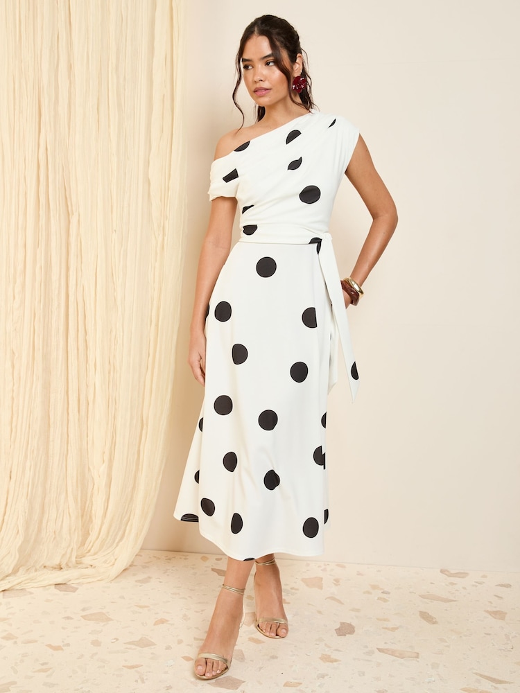 Friends Like These White Spot Petite Off The Shoulder Scuba Midi Dress - Image 1 of 5