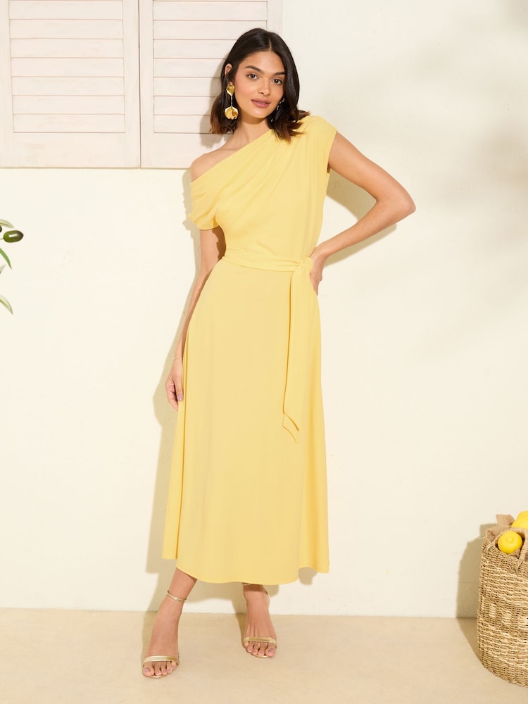 Friends Like These Pale Yellow Off The Shoulder Scuba Midi Dress - Image 1 of 5