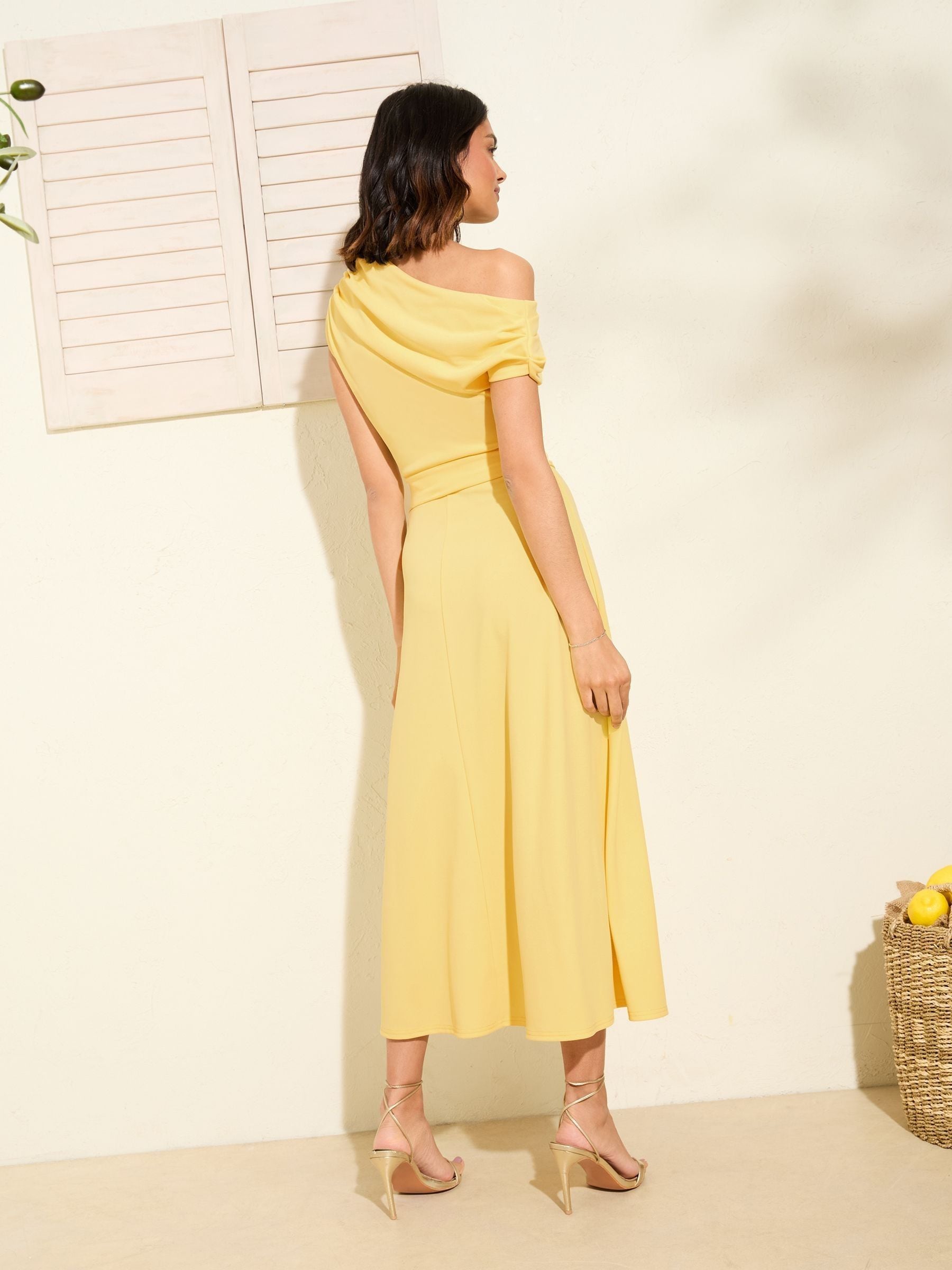 yellow off the shoulder midi dress Light Yellow Dress - Bodycon Midi Dress - One-Shoulder Midi Dress