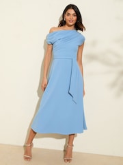 Friends Like These Pale Blue Petite Off The Shoulder Scuba Midi Dress - Image 1 of 4