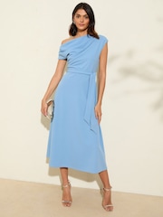 Friends Like These Pale Blue Petite Off The Shoulder Scuba Midi Dress - Image 3 of 4