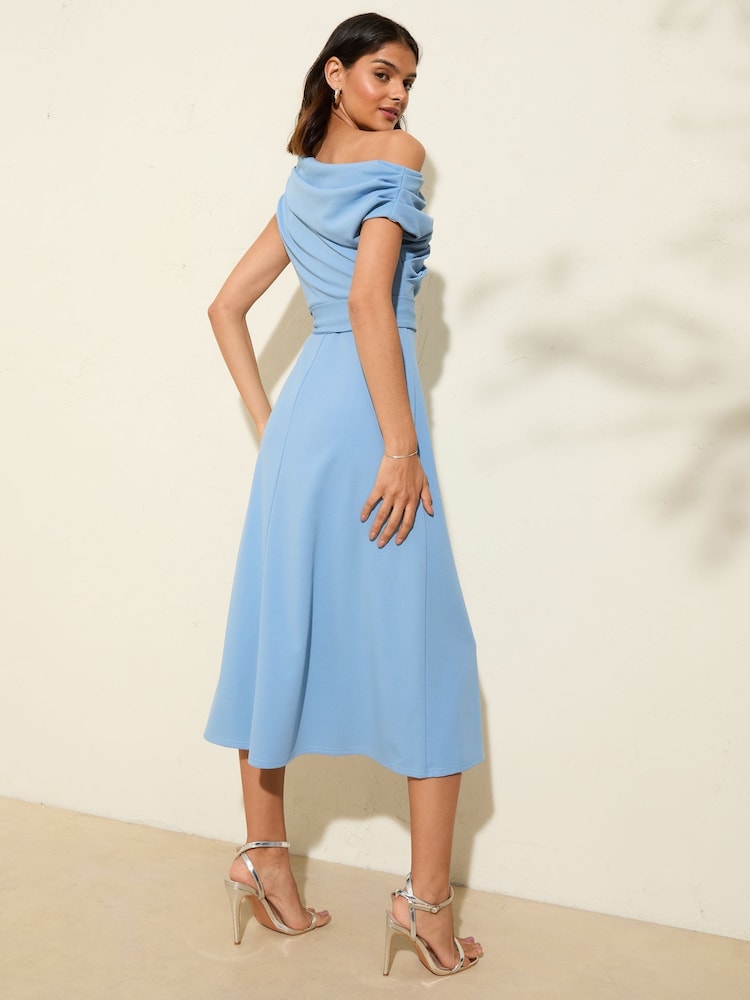 Friends Like These Pale Blue Petite Off The Shoulder Scuba Midi Dress - Image 4 of 4