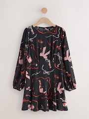 Black/Pink Christmas Print Mini Long Sleeve A-Line Seam Detail Dress - Image 1 of 3