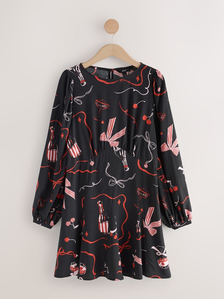 Black/Pink Christmas Print Mini Long Sleeve A-Line Seam Detail Dress - Image 1 of 3
