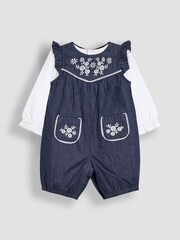 JoJo Maman Bébé Blue Embroidered Chambray Dungarees & Top Set - Image 1 of 7