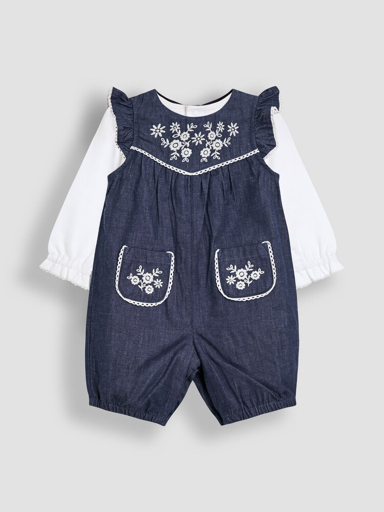 JoJo Maman Bébé Blue Embroidered Chambray Dungarees & Top Set - Image 1 of 7