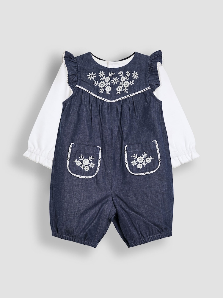 JoJo Maman Bébé Denim Blue Embroidered Chambray Dungarees & Top Set - Image 1 of 7 JoJo Maman Bébé Denim Blue Embroidered Chambray Dungarees & Top Set - Image 1 of 7
