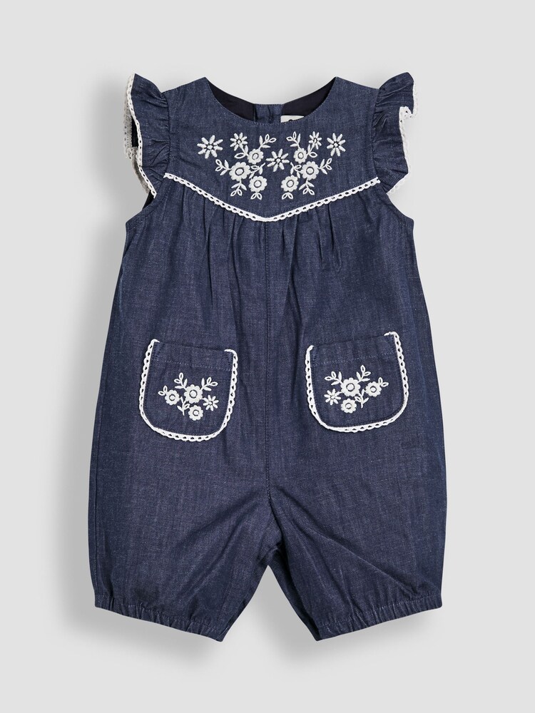 JoJo Maman Bébé Blue Embroidered Chambray Dungarees & Top Set - Image 2 of 7