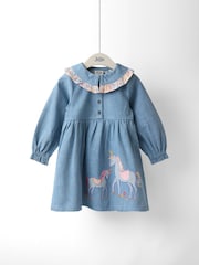JoJo Maman Bébé Blue Appliqué Frill Collar Denim Dress - Image 1 of 4