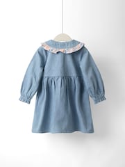 JoJo Maman Bébé Blue Appliqué Frill Collar Denim Dress - Image 2 of 4
