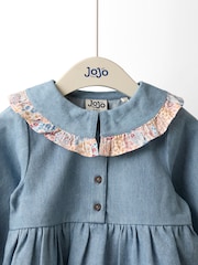 JoJo Maman Bébé Blue Appliqué Frill Collar Denim Dress - Image 3 of 4