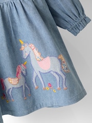 JoJo Maman Bébé Blue Appliqué Frill Collar Denim Dress - Image 4 of 4