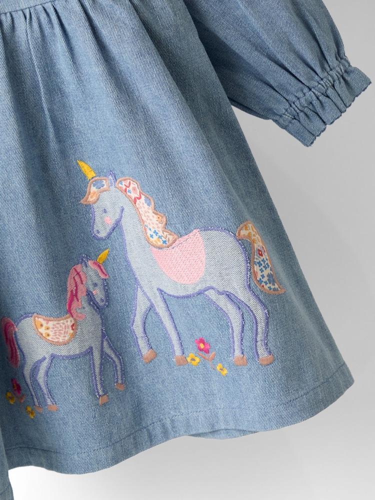 JoJo Maman Bébé Blue Appliqué Frill Collar Denim Dress - Image 4 of 4