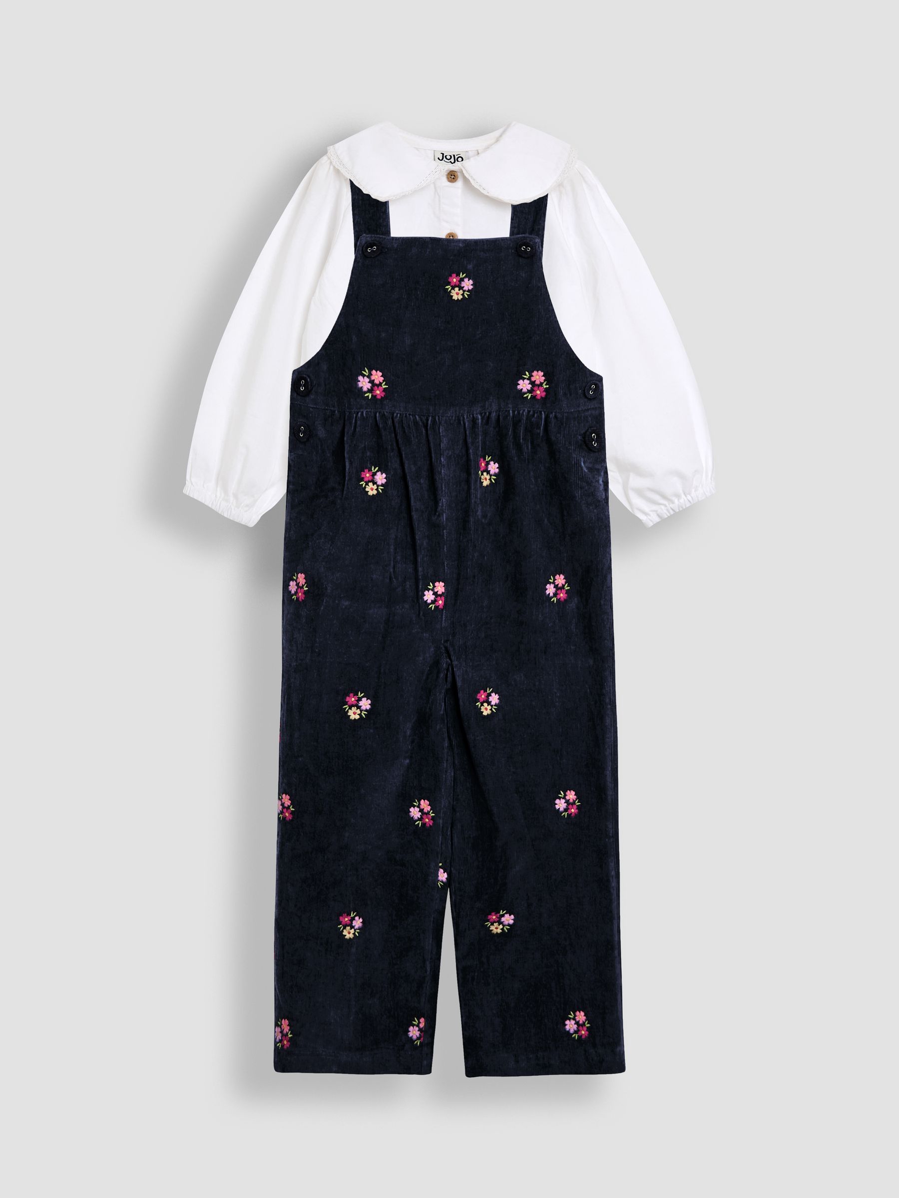 Jojo Maman Bébé Blue Navy Floral Embroidered Cord Dungarees & Blouse Set